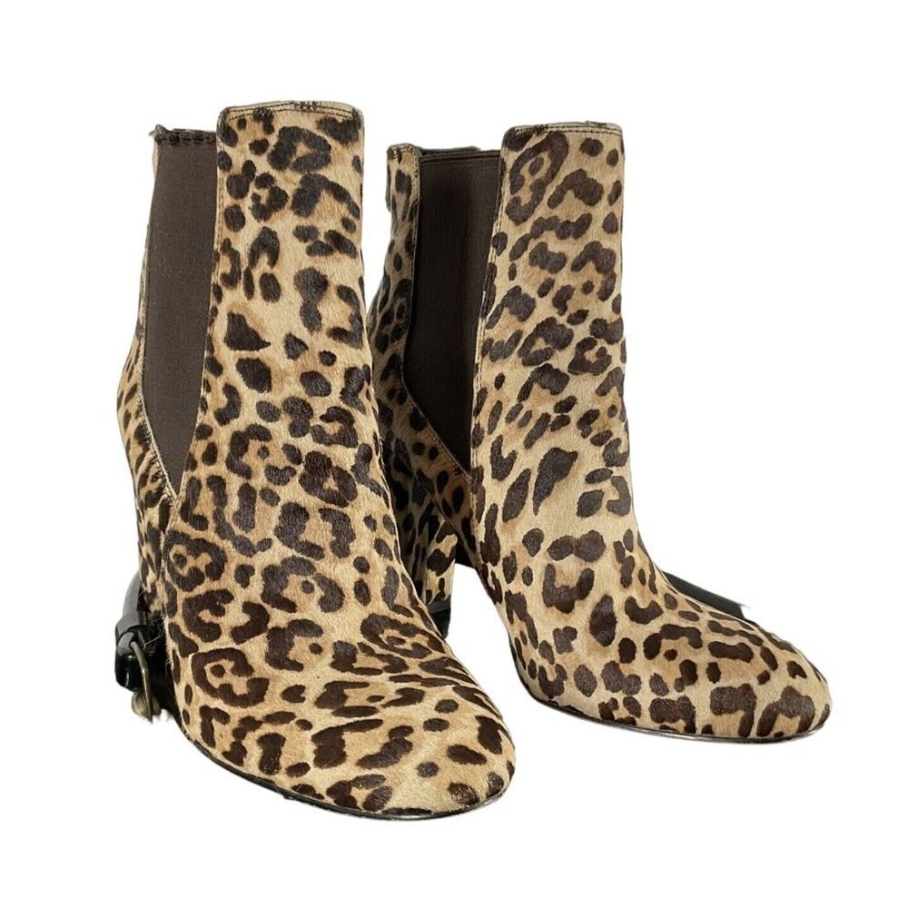 Sam Edelman SZ 6 Case Leopard Print Calf Hair Pull On Chelsea Boots Brown Heel